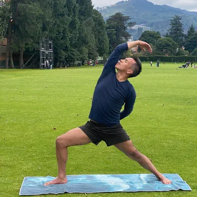 Oscar yoga on the lawn